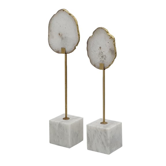 Decorative Statute Set of 2 White Agate Stone and Marble Gold Accent