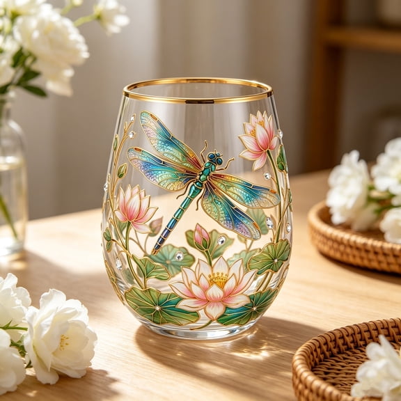 Decorative Stemless Wine Glass Printed with Gold Rim, Turtle Floral Elegant Drinking Glass, Durable Crystal Glass, Versatile Wine Cocktail Home Bar Party Gift