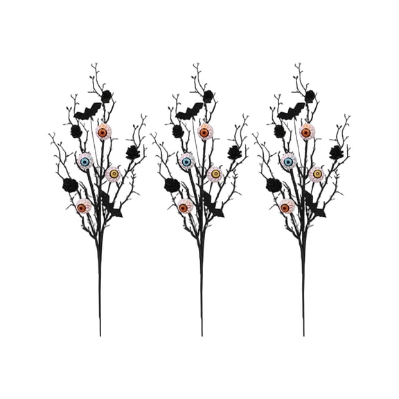 Decorative Stems Halloween Spooky Eyeball Bat Black Rose Accent Picks 3 Pack for Indoor Outdoor Home Party Table Mantel Porch Display Gothic Themed Arrangement