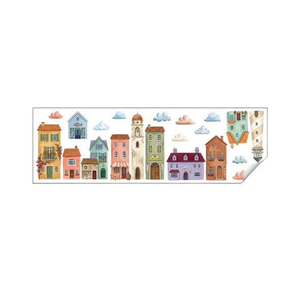 Decorative Sticker 35in Painted Cloud City Building Wall Decal for Living Room Study Room Home Decoration