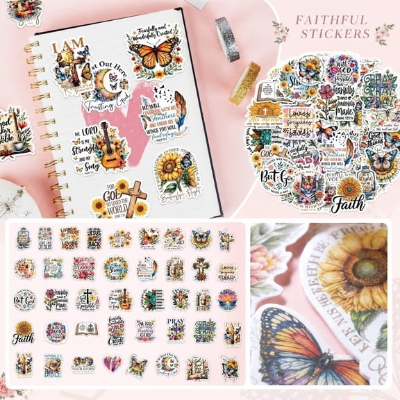 Decorative Sticker Set, Inspirational, Religious, Bible Journaling, 100Pcs 3X3 Inch Sunflower Butterfly Floral Faith Decals for Phone Cases Notebooks Envelope Seals
