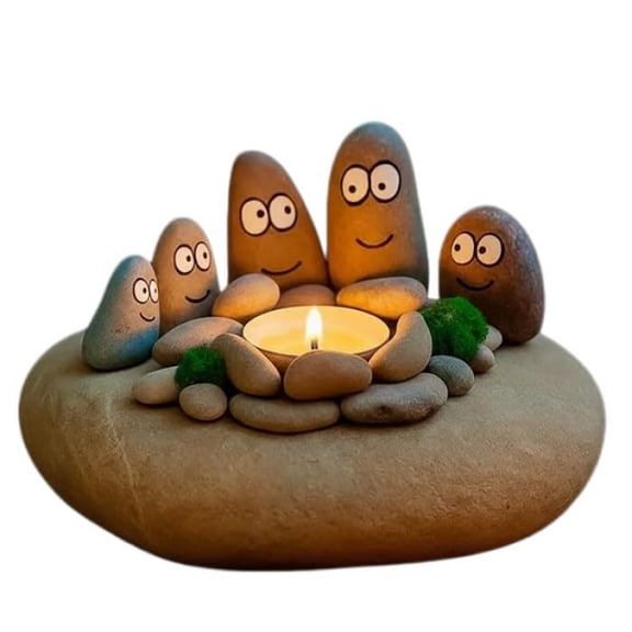 Decorative Stone Candle Holder with Hand Painted Pebble Figures Unique Centerpiece for Home Office Desk Tabletop Display
