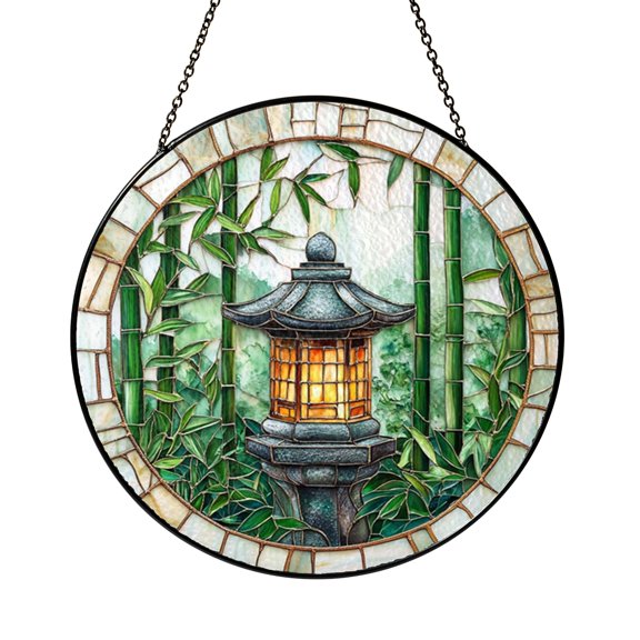 Decorative Stone Lantern Bamboo Scene Stained Glass Style Suncatcher Window Hanging Decor, Garden Landscape Window Ornament, Nature Inspired Decorative Glass Art Panel, Scenic Window Accent