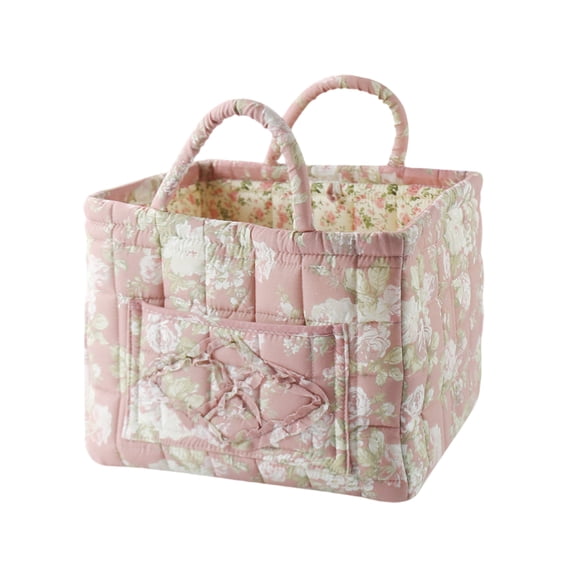 Decorative Storage Basket Floral Quilted Foldable With Handles Vintage Country Style for Living Room Bedroom Bathroom Office (345)