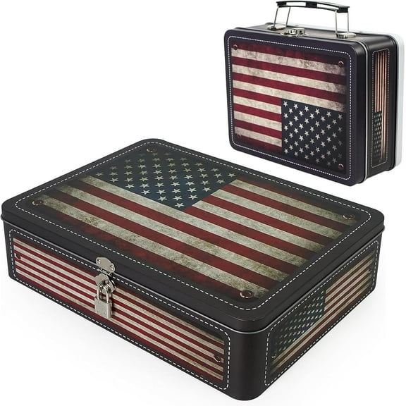 MY Decorative Storage Box, 12''L X 9''W Metal Keepsake Container Case with Lock and Key & Small Handheld Tin Box Home Decoration (Vintage American Flag)