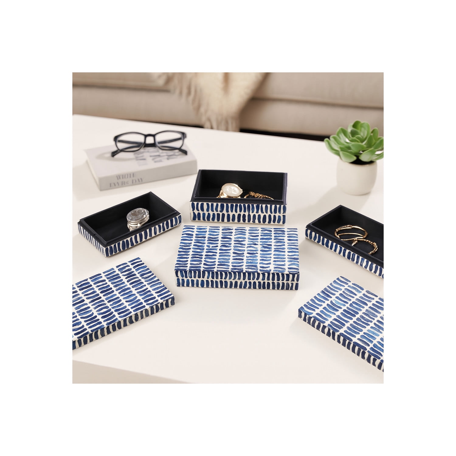 Rectangular Wood Inlay Decorative Box Set for Home Decor - Modern Wood and Resin Display Box for Jewelry and Keepsakes - Home Organizer Storage for Living Room - Set of 3, 4", 3", 3", Blue & White