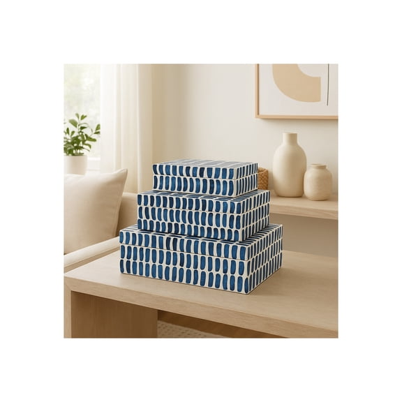 Decorative Storage Boxe Resin, Wood & Fabric with Coastal Pattern Home, Office, Bedroom, Living Room Blue & White Finish 10"/11"/12" Set of 3