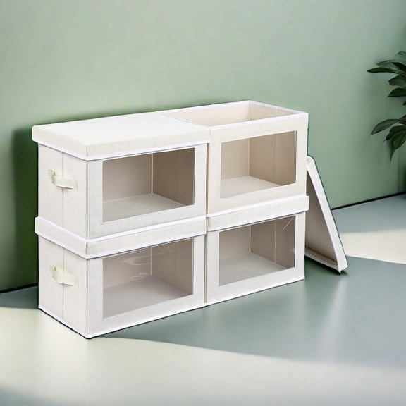Decorative Storage Boxes, Fabric Storage Bins with Lids, 4-Pack, Closet Storage Bins with Window, Storage Baskets for Closet, Closet Organizers for Towel, Clothes, Beige