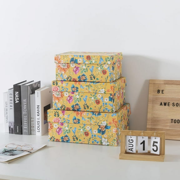 Decorative Storage Boxes with Hinged Lids, Golden Bloom - Set of 3: Floral Memory Keepsake Boxes with Lids, Cardboard Photo Storage for Organizing, Home Décor, Gifts