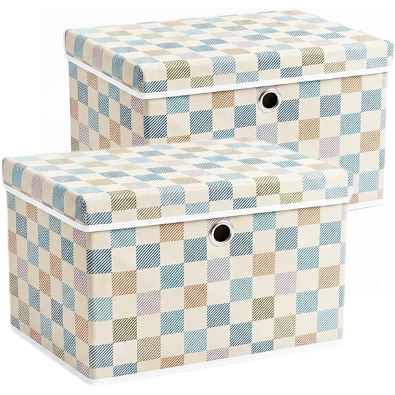 Decorative Storage Boxes with Lids, 16.9x11x11 Inch, Pack of 2 | Pastel Plaid, Fabric, Odorless Sturdy Cardboard Insert, Foldable Keepsake Box, Small Toy Box, for Closet Nursery Shelves