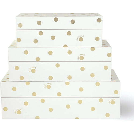 Decorative Storage Boxes with Lids, 3 Pack Sturdy Organizer Storage Bins, Includes Small Medium Large Pink Nesting Boxes with Magnetic Closure, Gold Dot with Script