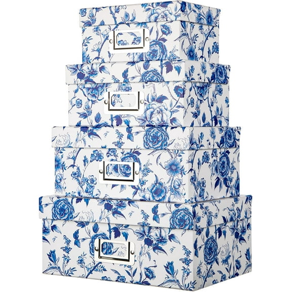 Decorative Storage Boxes with Lids 4 Pack, Blue and White Chinoiserie Floral Nesting Photo Boxes, Stackable Keepsake Organizers for Home Bedroom Office