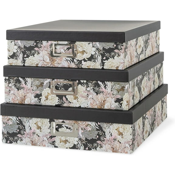 Decorative Storage Boxes with Lids for Organizing, Set of 3 Floral Jumbo Scrapbook Letter Storage Boxes for Documents, Photos, Keepsakes, Memories, Garden Noir