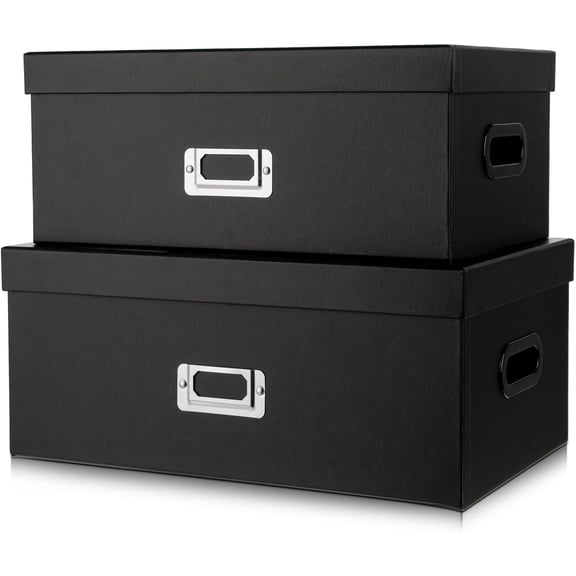 Decorative Storage Boxes with Lids Set of 2  14'' + 13'' Set Rectangular Nesting Boxes  Cardboard Organizer with Lift-Top Lid  Black Wood for Home & Office