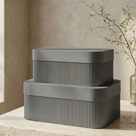 Decorative Storage Boxes with Lids - Set of 2 Beautiful Fluted Photo Organizer Bins for Your Home Bookshelf Decor to Safely Store Your Documents, Memory Box Items and Other Keepsakes in Style