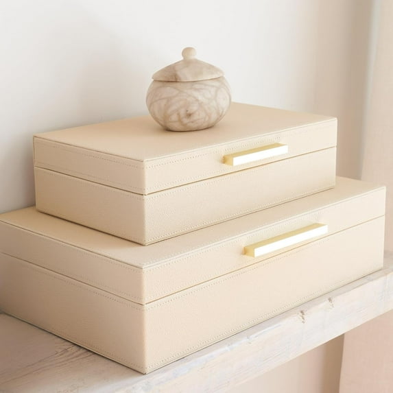 Decorative storage boxes with lids – a two-piece set of elegant PU leather organizer boxes perfect for bookshelf home décor – securely and stylishly store photos, documents, and keepsakes.