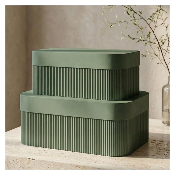 Decorative Storage Boxes with Lids Set of 2 Fluted Photo Organizer Bins Sage Green PU Leather Document Jewelry Cable Organizer for Home Office Desk Shelf