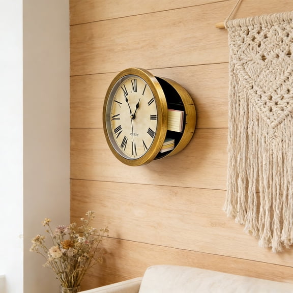 Decorative Storage Boxes with Lids​ Vintage-Style Clock Face Hidden Book Compartment Gold-Trim Frame Wall-Mounted Space-Saving Decor Book Trinket Storage