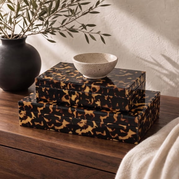 Decorative Storage Boxes - Set of 2 Tortoise Shell Organizer Boxes