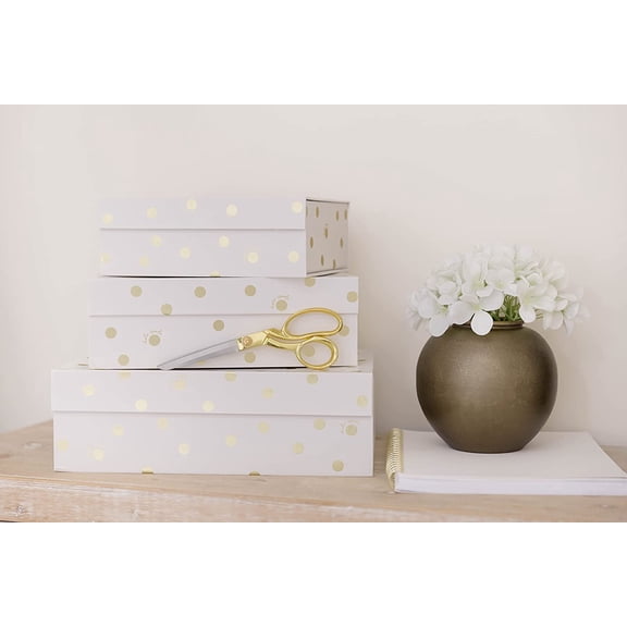 Decorative Storage Boxes with Lids, 3 Pack Sturdy Organizer Bins, Pink Nesting Boxes with Magnetic Closure, Gold Dot with Script