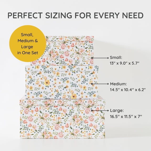 Decorative Storage Boxes with Lids - Summer Bouquet Floral Paperboard Nesting Set of 3 for Home Organization