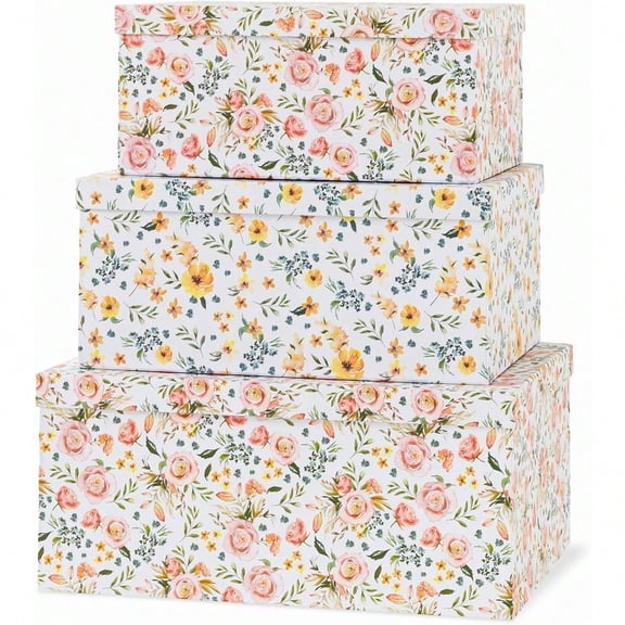 Decorative Storage Cardboard Boxes With Lids Summer Bouquet Set Of 3 Paperboard Nesting Boxes For Organizing