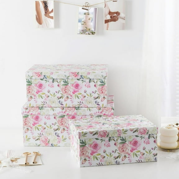 Decorative Storage Cardboard Boxes with Lids | Summer Rose - Set of 3 | Floral Paperboard Nesting Boxes