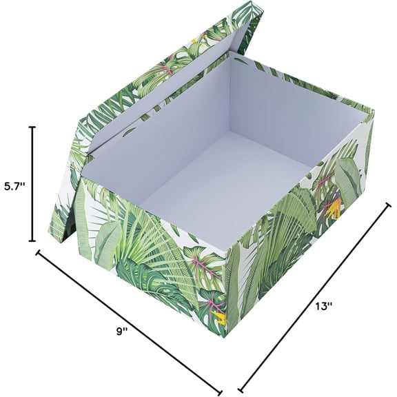 Decorative Storage Cardboard Boxes with Lids | Tropical Breeze - Set of 3 | Green Jungle Leaves Paperboard Nesting Boxes