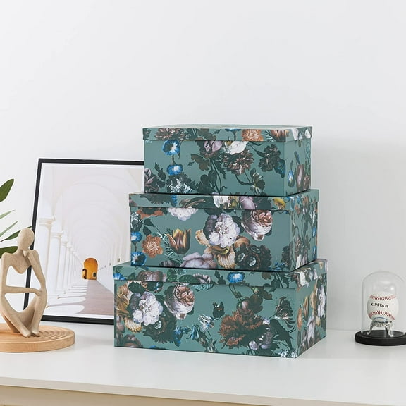 Decorative Storage Cardboard Boxes with Lids |  in Bloom - Set of 3 | Floral Moody Paperboard Nesting Boxes