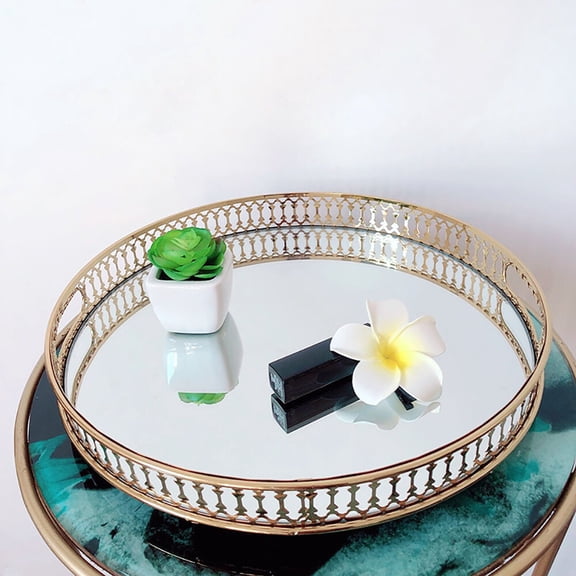 Decorative Storage Tray Gold Round Tray Modern Metal Glass Decor Serving Plate