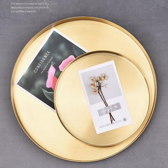 Decorative Storage Trays, Stainless Steel Gold Round Tray Cafe Dessert Table Serving Tray, Bathroom Vanity Counter Top Jewelry Perfume Display Dish Cosmetics Organizer (Gold)