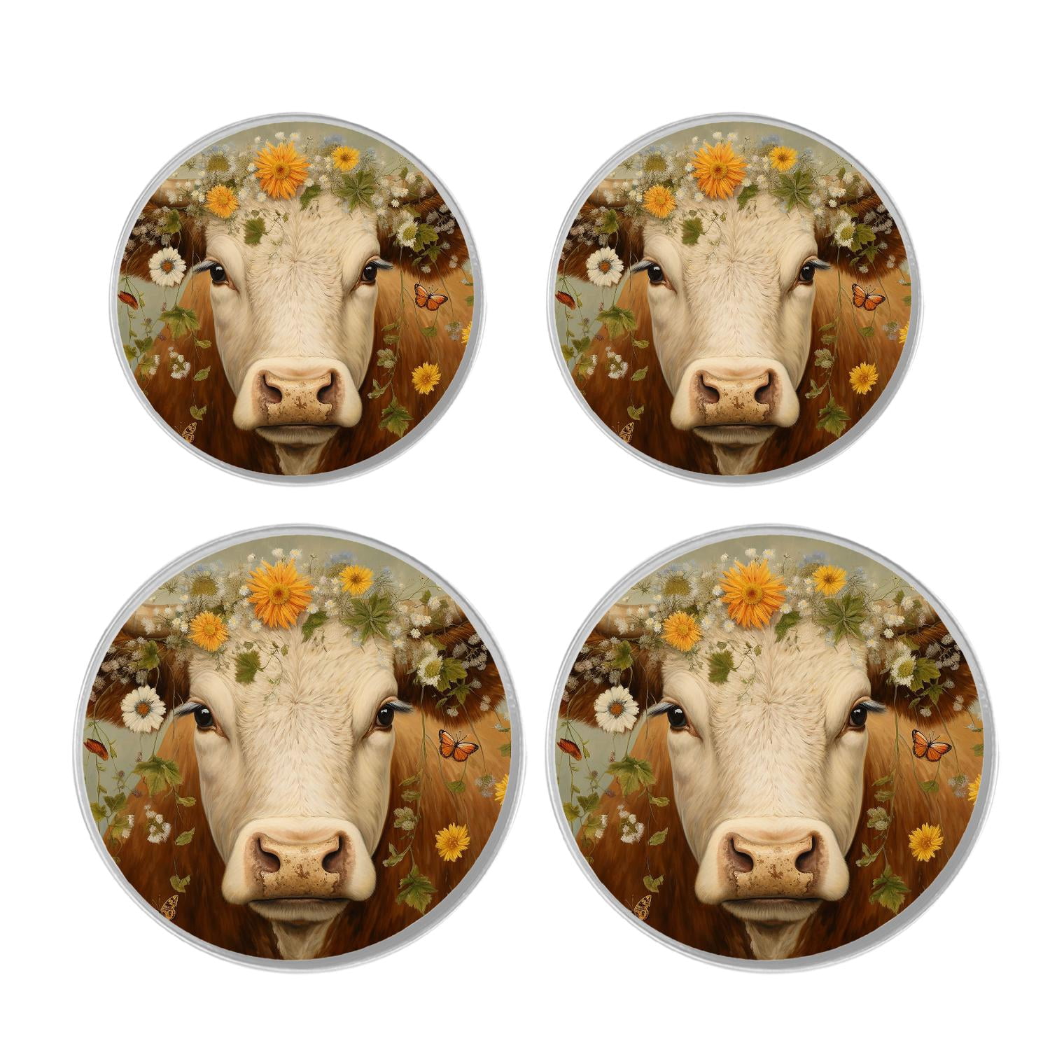 Round Stove Burner Covers 4 Pcs for Metal Gas Stove Burner Cover 8Inch And 10Inch ,Farmhouse Cow Flower Wooden illustration