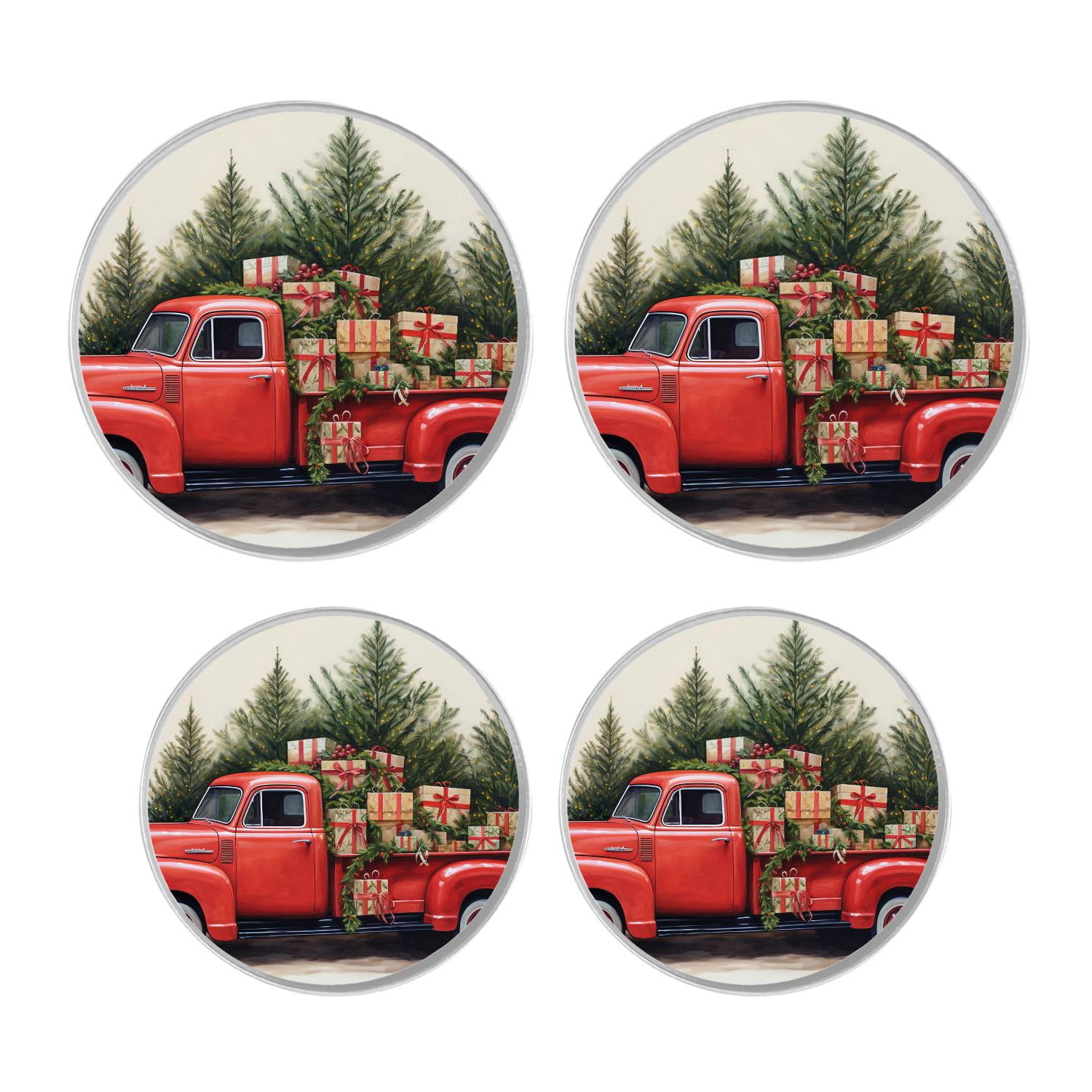 Decorative Stove Burner Covers 4 Pcs Metal Round Stove Burner Covers 8Inch And 10Inch for Home Decor Cooktop Decorative ,Blue Wooden Christmas Truck Poinsettia colorful pattern
