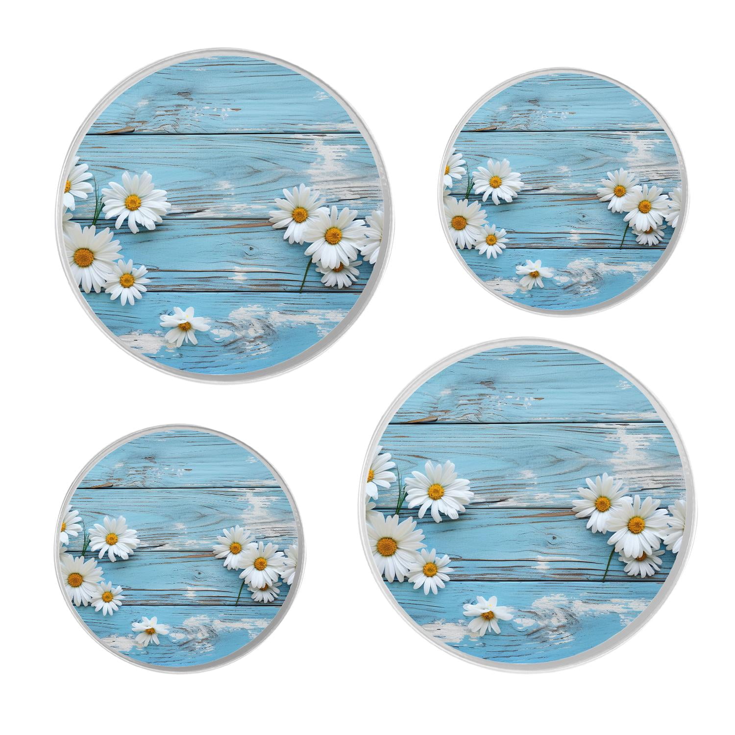 Decorative Stove Burner Covers 4 Pcs Metal Round Stove Burner Covers 8Inch And 10Inch for Home Decor Cooktop Decorative ,Daisy Flower on Blue Wooden Painting