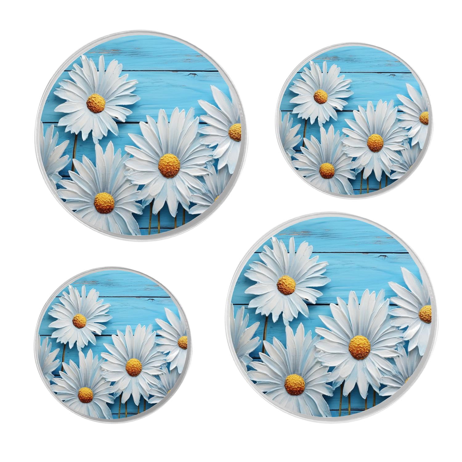 Decorative Stove Burner Covers 4 Pcs Metal Round Stove Burner Covers 8Inch And 10Inch for Home Decor Cooktop Decorative ,Daisy Flower on Blue Wooden picture