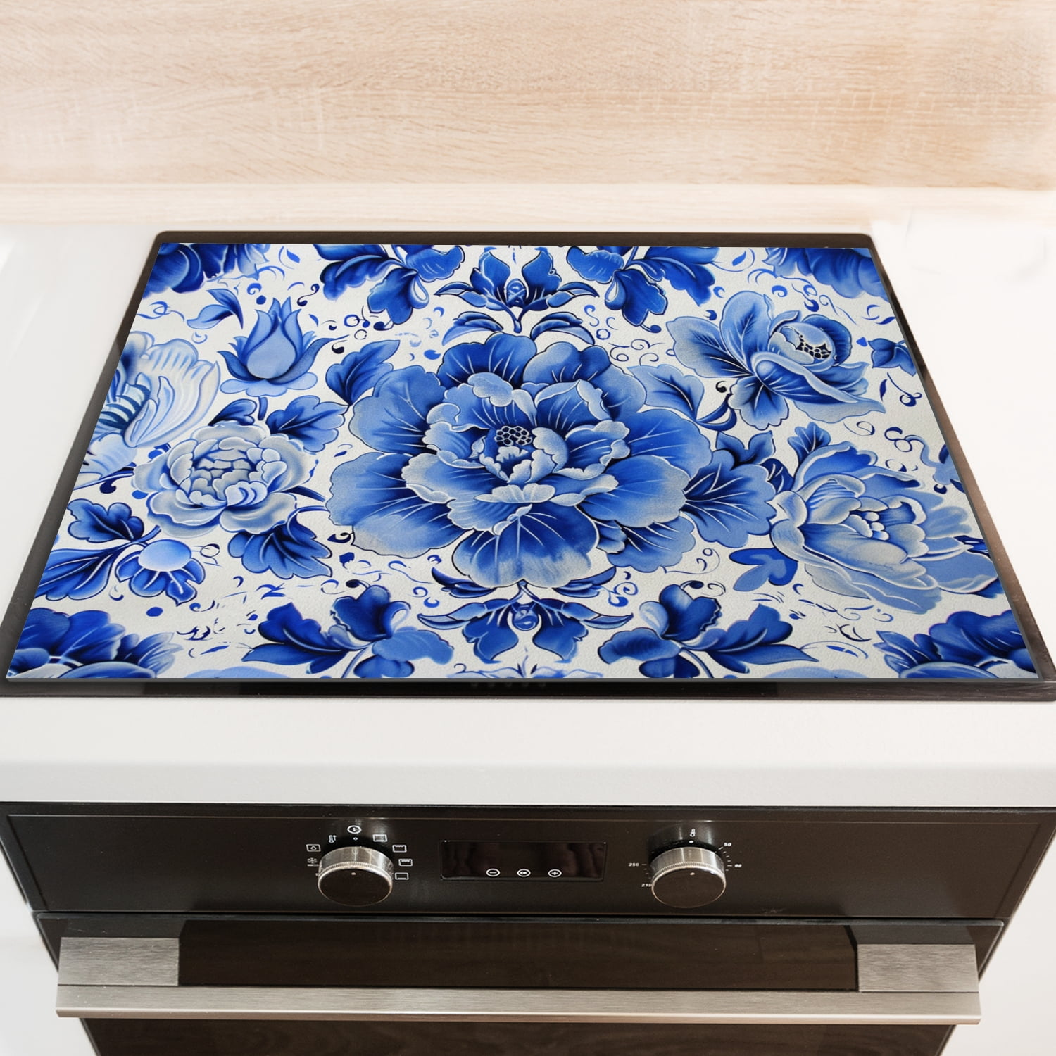 Decorative Stove Top Covers, Blue And White Tiles with Curvilinear Motifs Flat Stove Top Cover, Square Foldable Waterproof Mat for Kitchen RV (28×20 Inch)