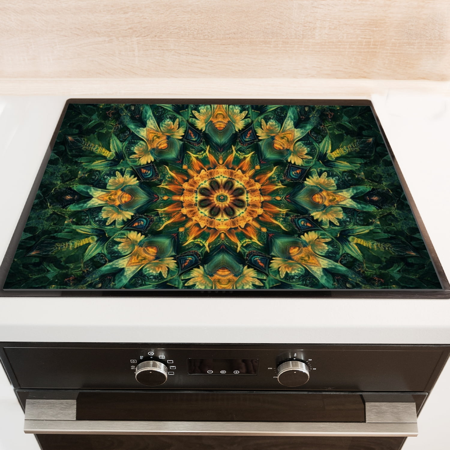 Decorative Stove Top Covers for Electric Stove, Green Mandala Flower Retro Glass Cooktop Covers Mat, Oilproof Waterproof Oilproof Protector Pad for Kitchen RV (28×20 Inch)