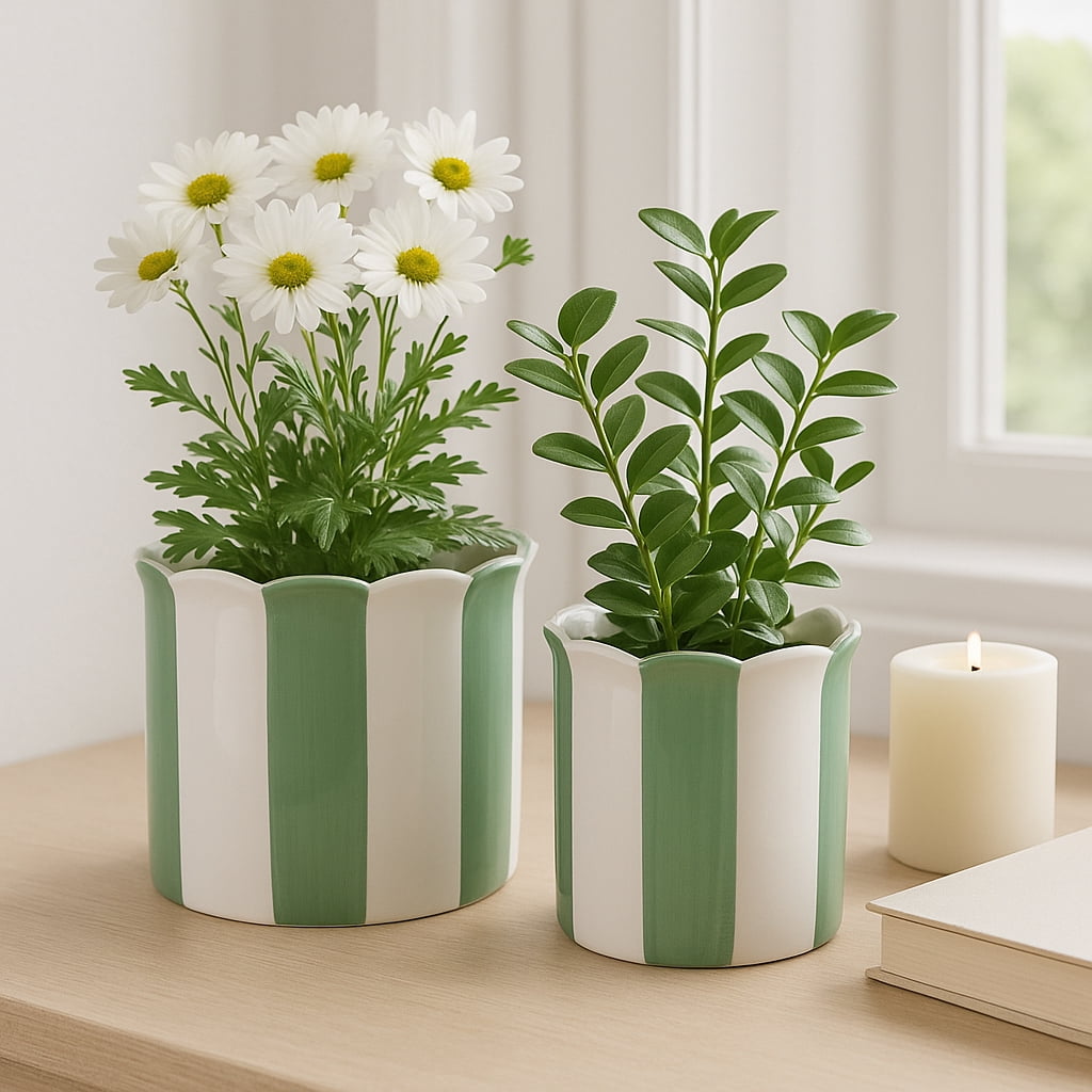 Ceramic Scalloped Striped Flower Pots for Home Decor - Decorative Planters for Indoor and Outdoor Plants - Plant Pots for Living Room and Garden Decor - Set of 2, 7", 6", Green & White