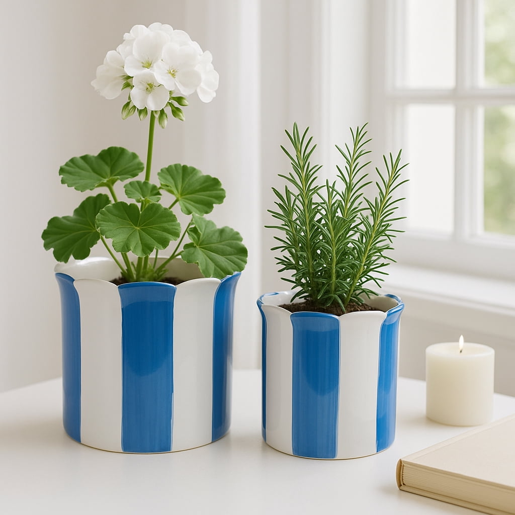 Ceramic Scalloped Striped Flower Pots for Home Decor - Decorative Planters for Indoor and Outdoor Plants - Plant Pots for Living Room and Garden Decor - Set of 2, 7", 6", Blue & White