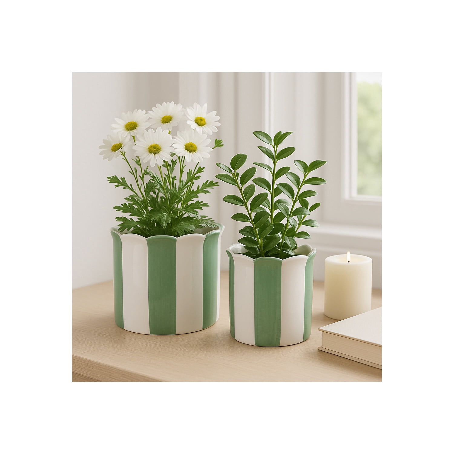 Decorative Striped Scallop Edge Planters Accent - Cute Flower Pots Ideal for Indoor or Outdoor Plant - Whimsical Garden, Home Decor, and Living Room Pots for Plants - Set of 2, 7", 6", Green & White
