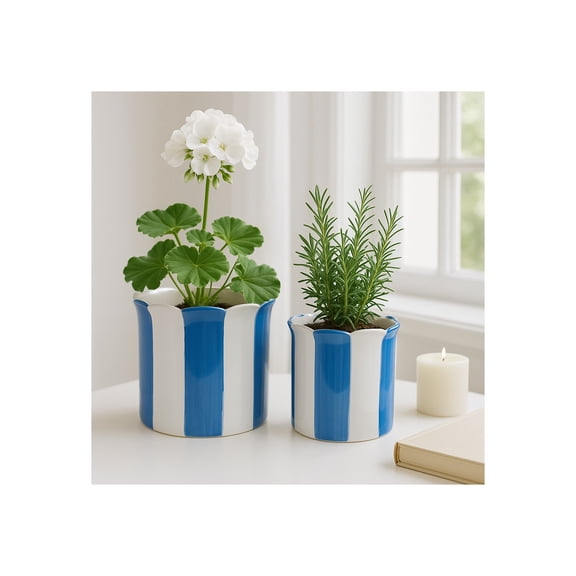 Ceramic Scalloped Cylinder Flower Pots for Home Decor - Planters for Indoor and Outdoor Plants - Decorative Pots for Plant Stand and Garden Styling - Set of 2, 7", 6", Blue & White