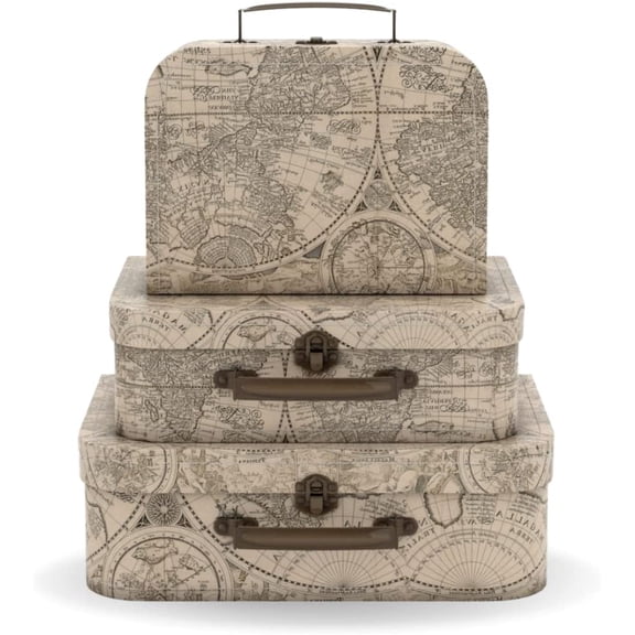 Decorative Suitcase Storage Boxes with Handle, Set of 3 Cardboard Suitcase Boxes with Lids, Vintage Luggage Prop Travel Decor for Home, Travel Themed Party Decorations, Global Glam.