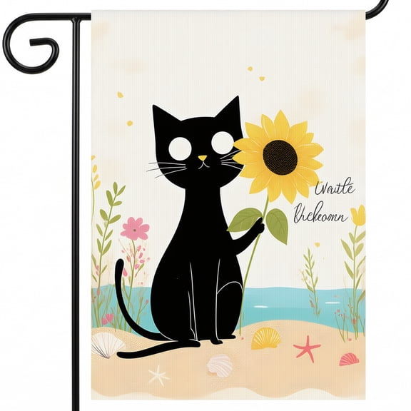 Decorative Summer Garden Flags A Black Cat Sitting On A Beach Holding A Sunflower Large 28x40 Inch Decor Size for Driveway Entrance.