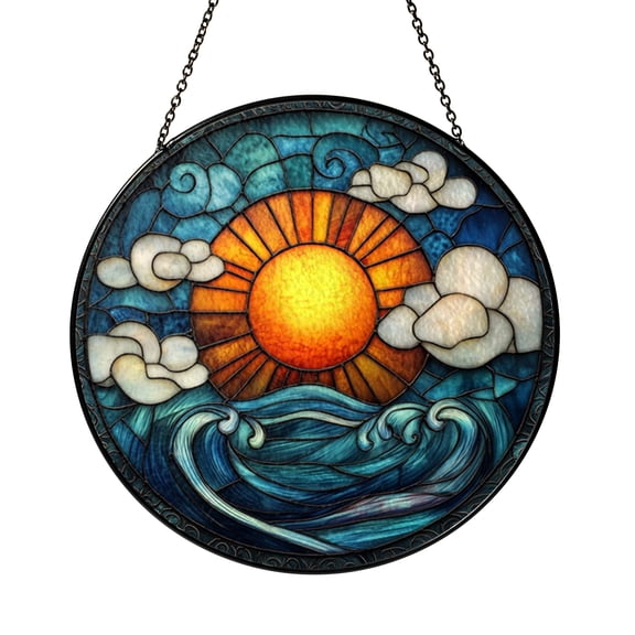 Decorative Sun Cloud Sea Stained Glass Window Hanging with Calm Ocean View and Soft Light Effect