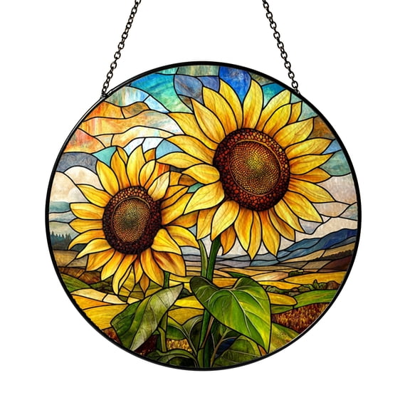 Decorative Sunflower Stained Glass Window Hanging with Cheerful Flower Design and Warm Light Effect