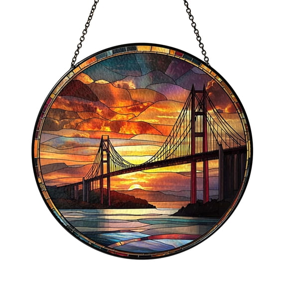 Decorative Sunset Bridge Landscape Stained Glass Style Suncatcher Window Hanging Decor, Scenic Glass Panel Art Window Ornament