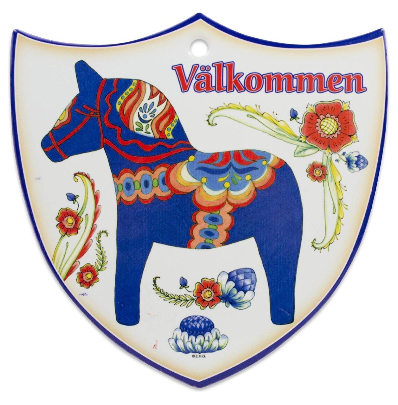 Decorative Swedish Blue Dala Horse Artwork with Valkommen Wall Hanging