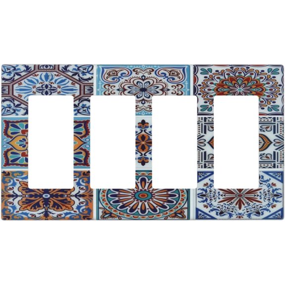 Decorative Switch Plate Covers Mexican Talavera Tile 4 Gang Quad Rocker Decora Light Switch Cover Blue Moroccan Style Pattern Outlet Wall Plate Electrical Faceplate GFCI