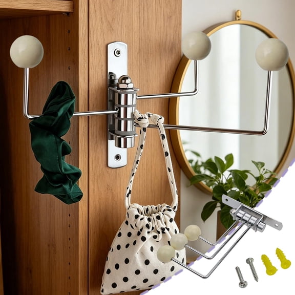 Decorative Swivel Coat Hooks for Wall, Cute Wall Rack with Wood Balls, Foldable 3 Hook Arms for Hanging Hats Towel Bag Towel in Bathroom Bedroom Hallway Entryway Front Door, Metal