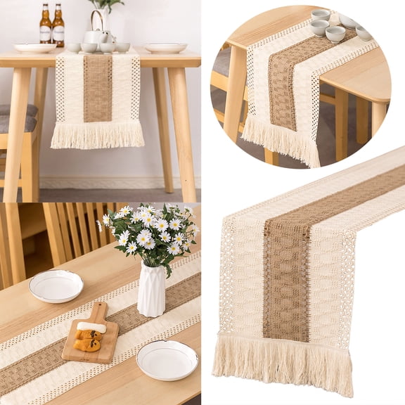 Decorative Table Banner for Bohemian Wedding and Home Natural Burlap Table Runner with Tassels Boho Splicing Style for Bridal Shower Farmhouse Fall party, 180 cm, Beige